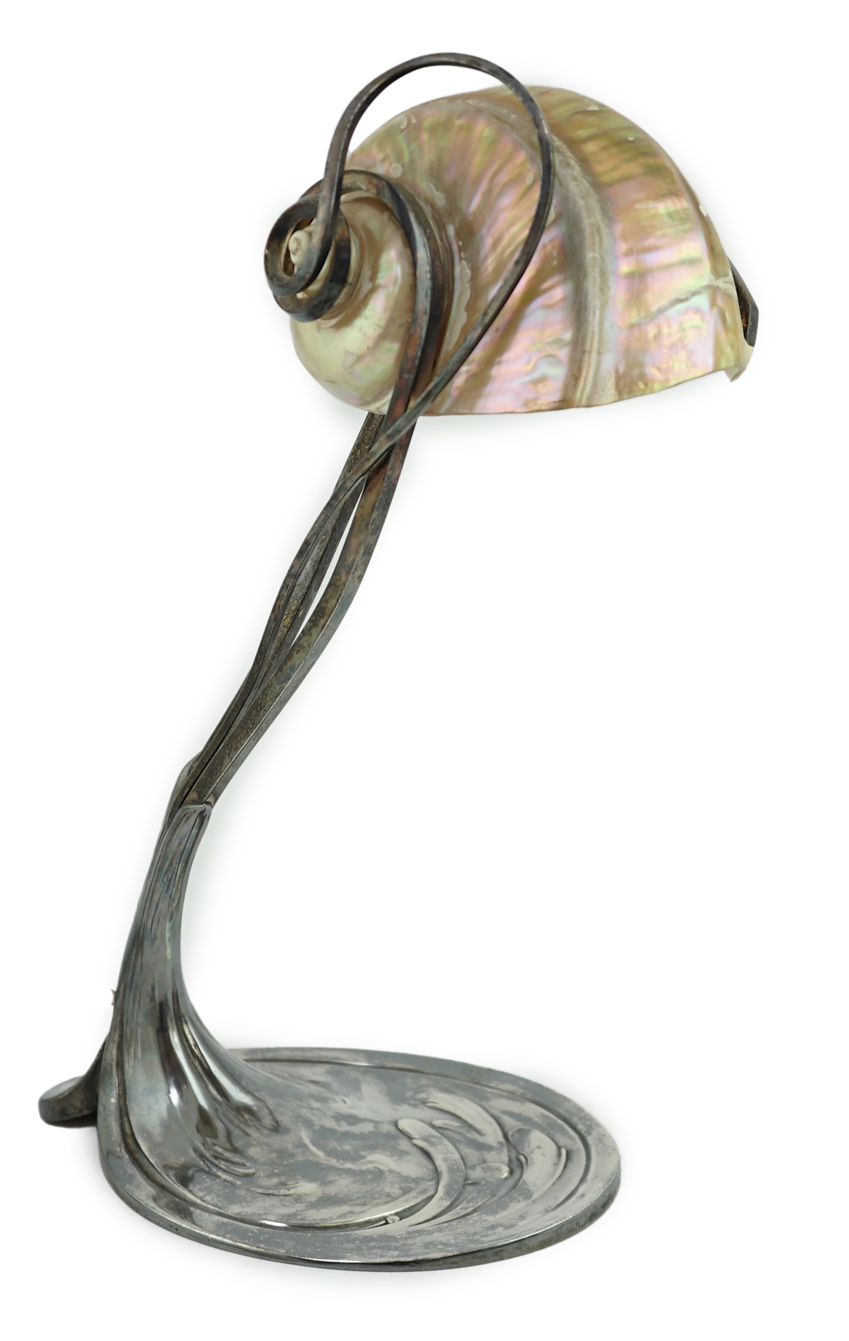 An Art Nouveau electroplate shell mounted table lamp, by Moritz Hacker, c.1900